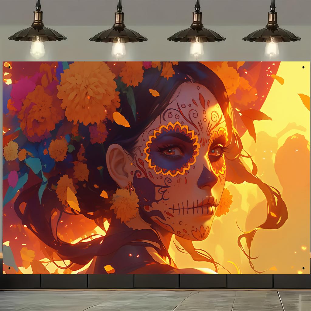1pc Death's Day party banner featuring vivid Mexican skull and peanut designs no need for electricity