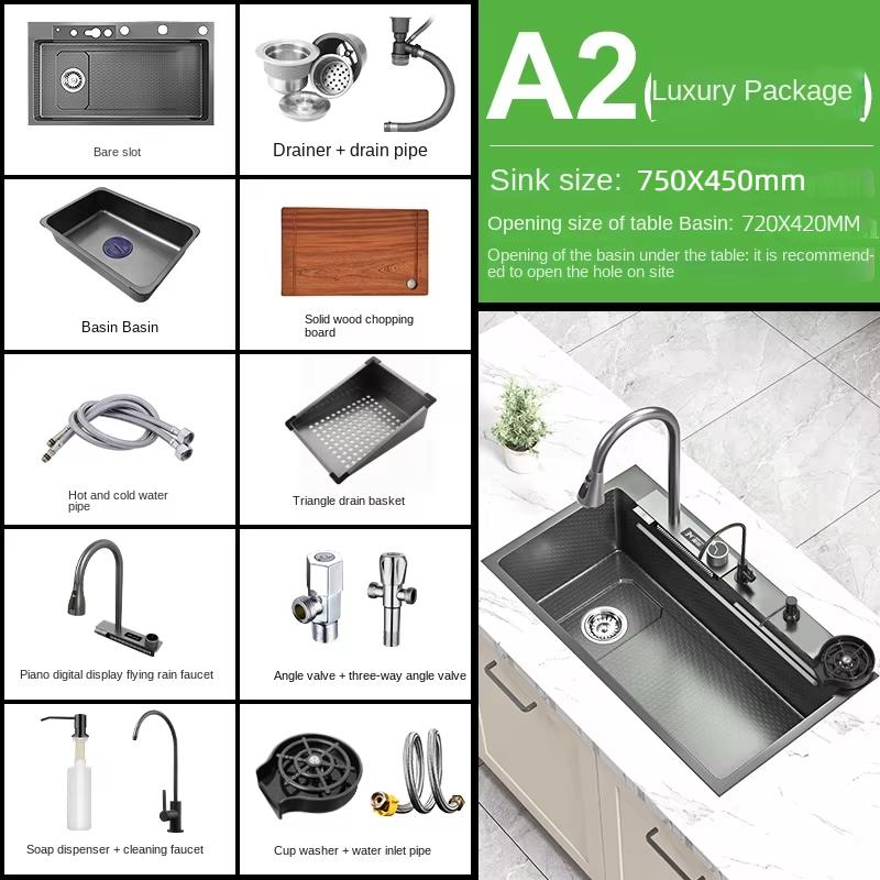 Kitchen Sink Waterfall Sink Temp Digital with cup washer Counter Controls Workstation Kitchen Sink single kitchen sinks Black