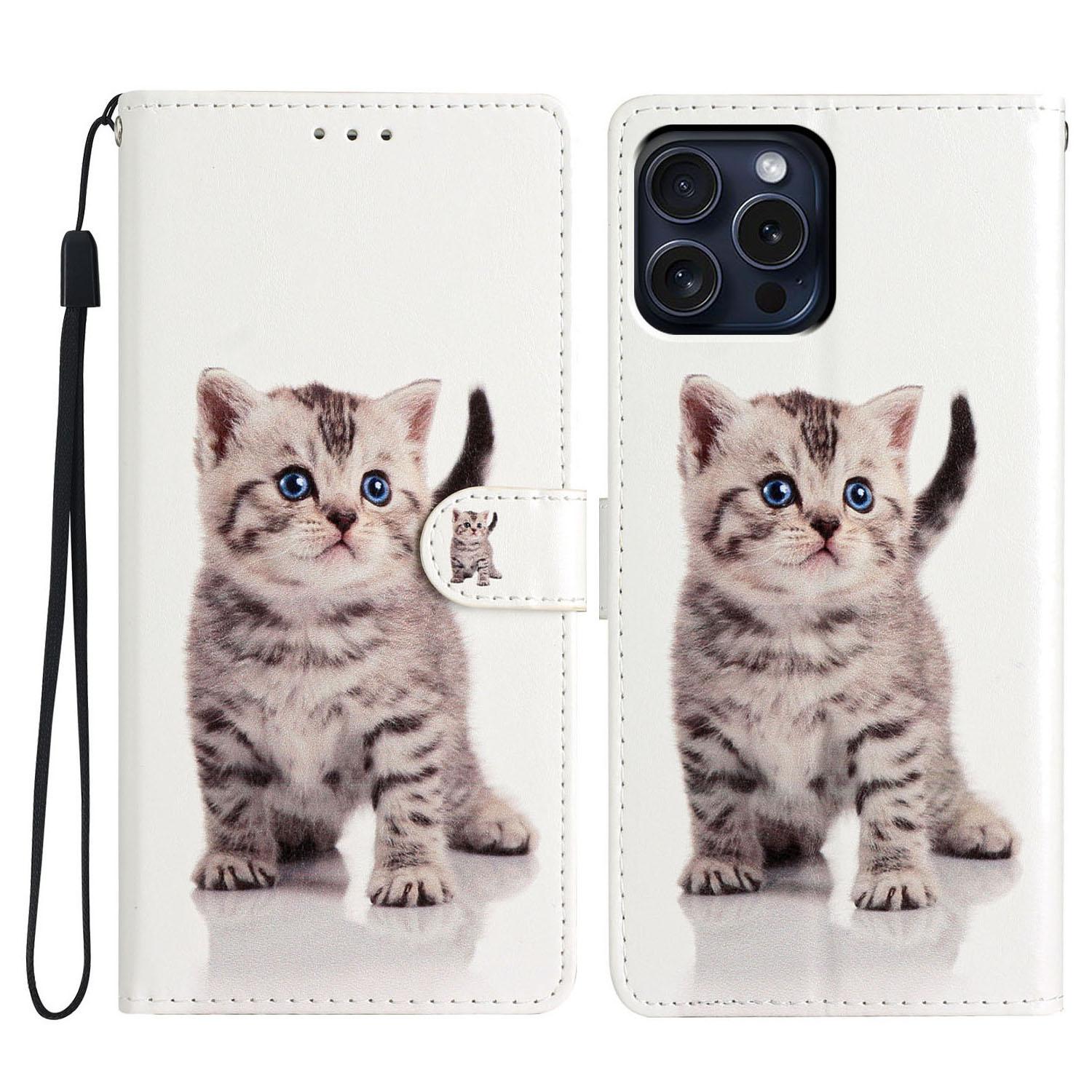 

For iPhone 16 Pro Max Case Pattern Print PU Leather Card Slots Phone Cover with Wrist Strap Cute Cat