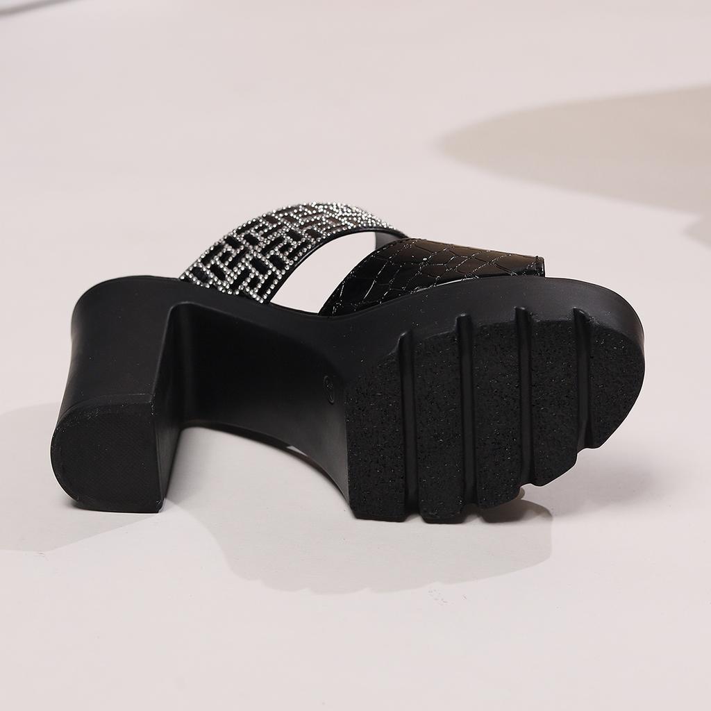 Ett stykke Hæl Damesko Nye Sandaler Dameskinn Tøfler Paljett Damesko Casual Sandaler Tykk Hæl Høy Hæl Pustende