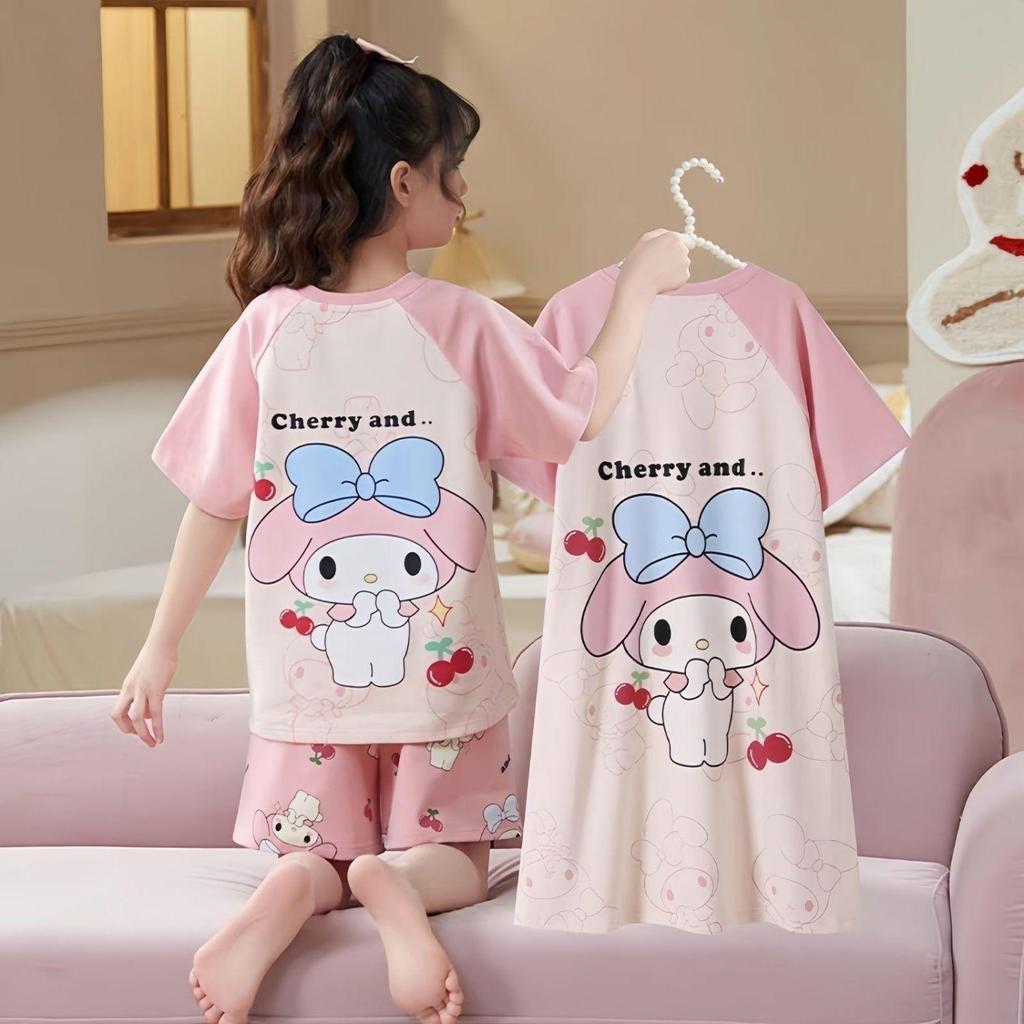 Three-Piece Girls' Pajama Set: Short Sleeve, Long Pants, Lightweight Sleepwear for Kids