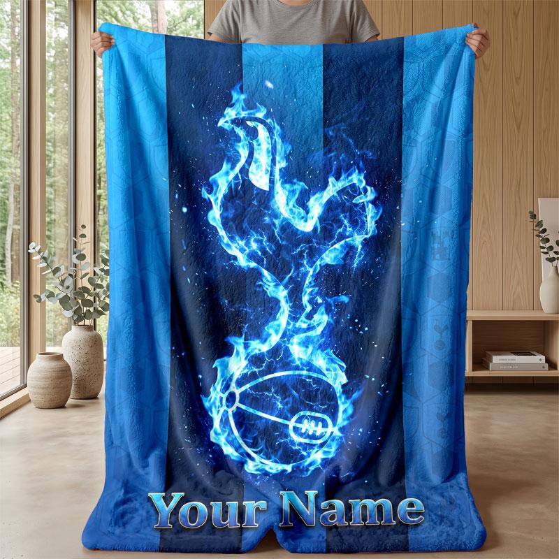 Tottenham Hotspur FC Custom Name Text Flannel Blanket Soccer Logo Personalized Fleece Throw Blanket Special Gift For Sofa Bedroom Home