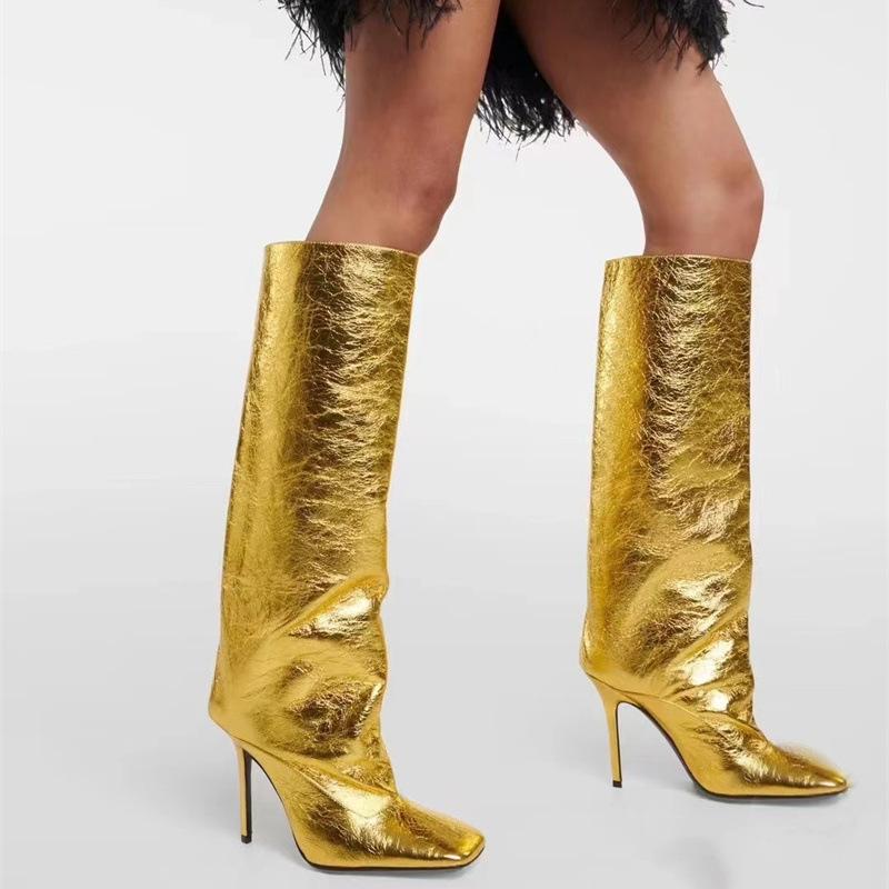 Fashion Silver Gold Fine Heel Square Head Knee Length Boots 2025 Winter New Versatile Slim Sleeve Long Boots Large 43 Women's Shoes