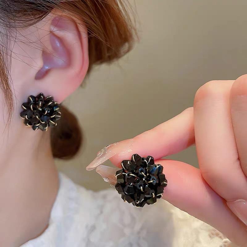 Silver needle handmade ice-through colorful flower stud earrings, sweet design crystal earrings Internet celebrity earrings