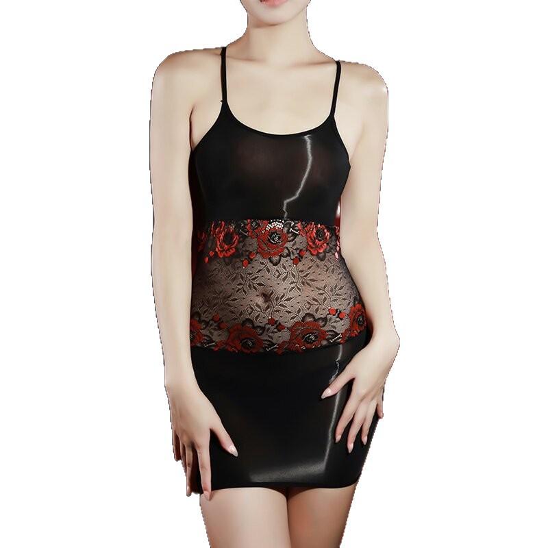 Sexy shiny one-piece slip dress with waist cutout, see-through lace trim, bodycon skirt, ultra-thin silky erotic sleepwear