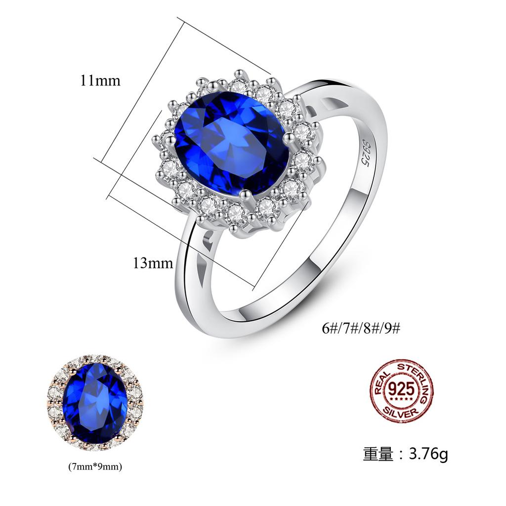 QIBAOKU S Sterling Silver Ring for Women Sapphire Princess Diana Rings Luxury Oval Flower Engagement Wedding