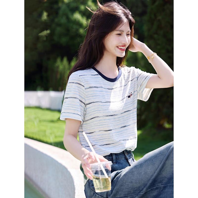 Women s Striped Color Block Round Neck Short Sleeve T-Shirt M