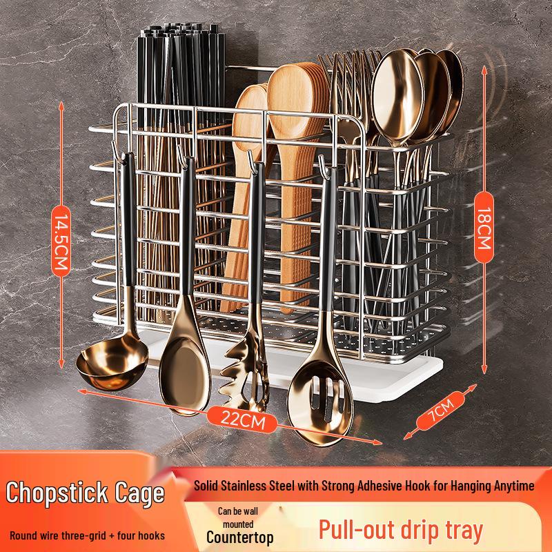 Wall-Mounted Stainless Steel Kitchen Utensil Holder for Chopsticks, Knives, and Forks