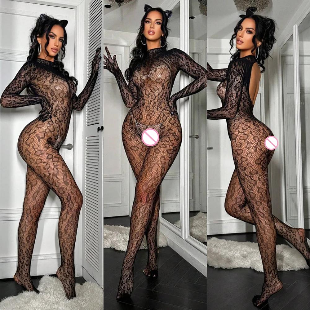 Hot Sexy Leopard Fishnet Bodysuit Women Sexy Lingerie Porn Roleplay Outfits Full Bodystockings Lace Underwear Fashion Jumpsuit