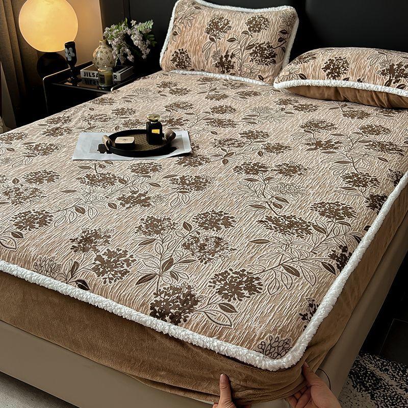 Home carved milk velvet fitted sheet single piece winter plus velvet mattress protector cover full cover bed