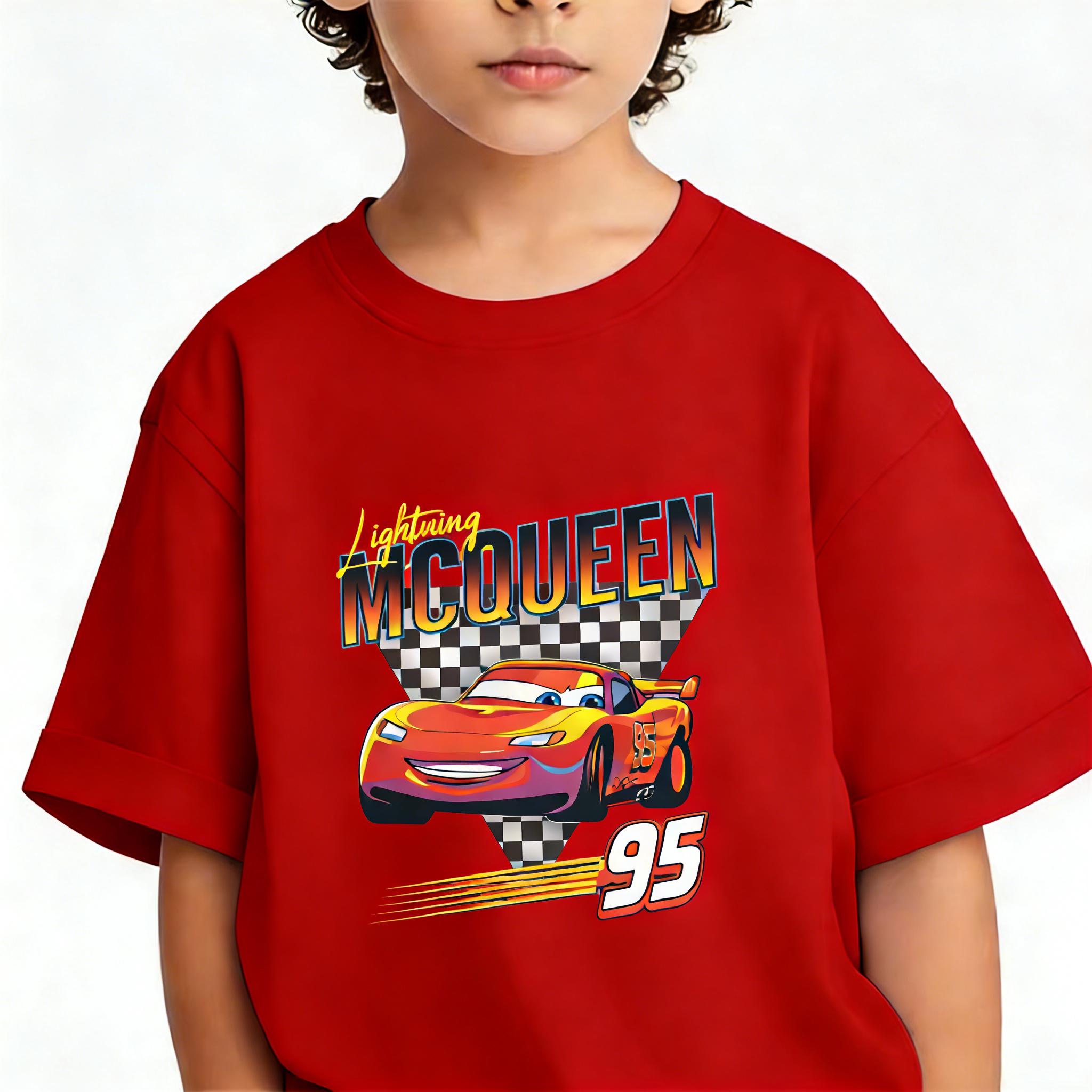 

2026 Summer Oversized Men and Women Disney Cars McQueen 95 Printed Tshirt Cotton Parent Child Top Street Fashion Casual Trend S