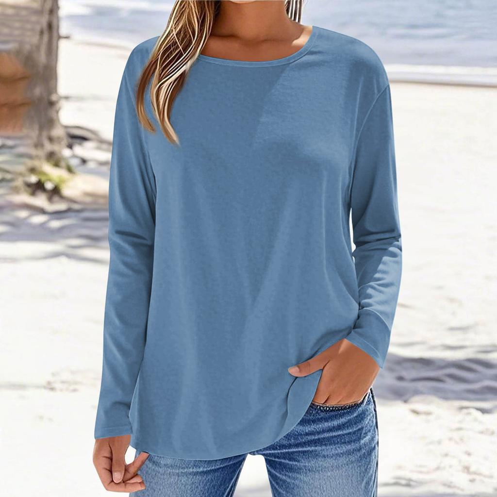 Women's Fashionable Casual Color Long Sleeved Round Neck Top Round Neck Top