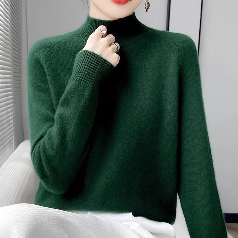 Women's Round Neck Double-Ply Pure Wool Sweater - Thickened Plus Size Solid Color Cashmere Knit Pullover