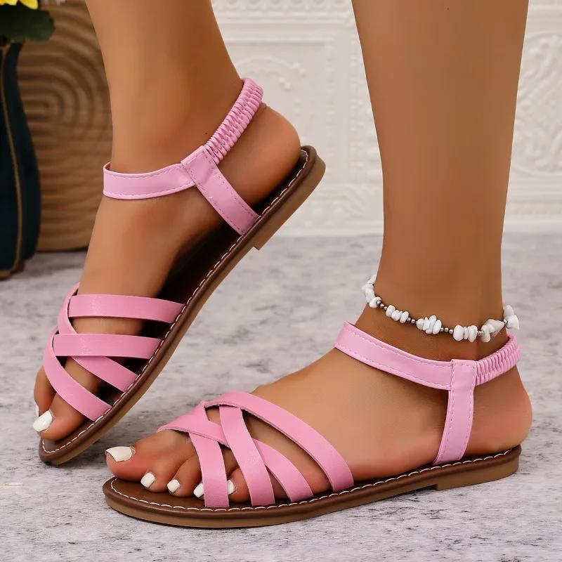 

Fashion 2025 New Ladies Shoes Elastic Band Women s Sandals Fashion Open Toe Casual Summer Plus Size Light Comfortable Flat Sandals 43