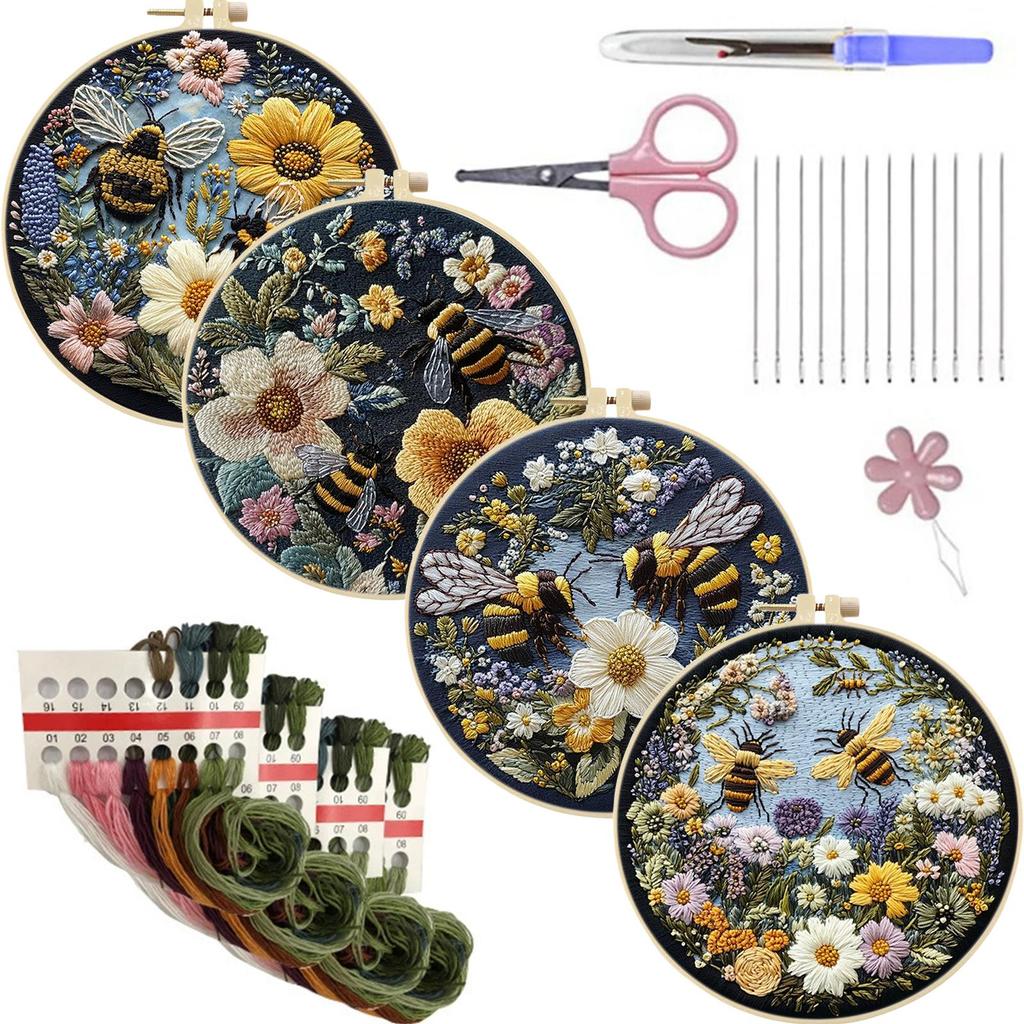 4pcs Embroidery Starter Kit with Embroidery Hoop Needles Threads Instruction Embroidery Kit Cross Stitch Starter Kit for Adults