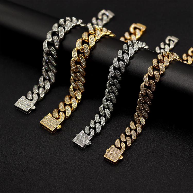 Pvd 18k Gold Color Hip Hop 11MM 15MM 19MM Width 316 Stainless Steel with Two Row Rhinestone Iced Out Cuban Link Chain Necklace