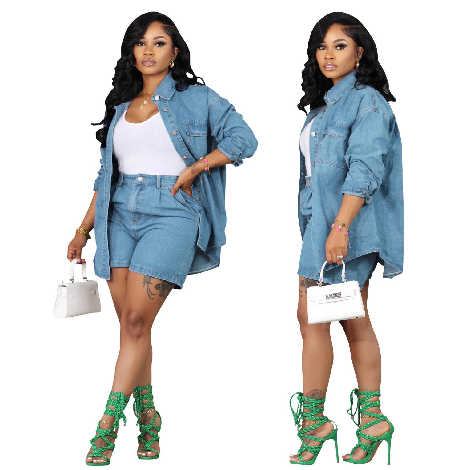 

European and American Women s Autumn Denim Jacket and Shorts Set S