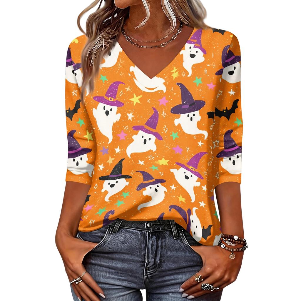 Women's Fashion Casual Halloween Print V-Neck Three-Quarter Sleeve Top