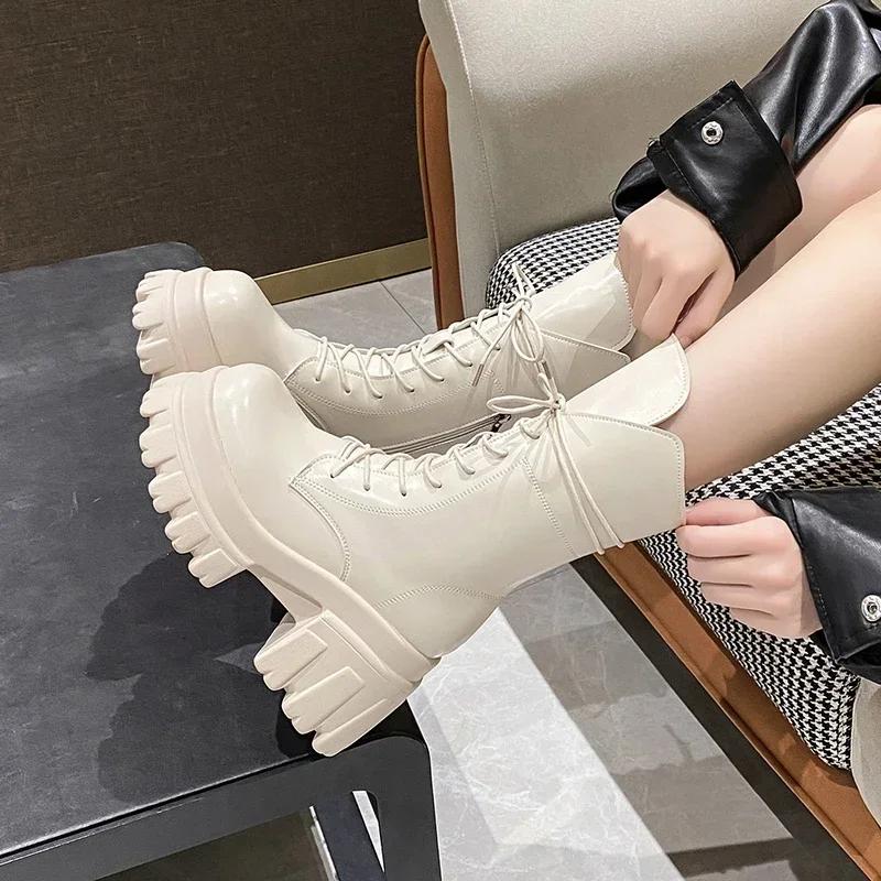 Fashion 9CM Women's Mid-Calf Boots New Fashion Lace-up Patent Leather Chunky Shoes Autumn High Heels Platform Motorcycle Boots For Woman