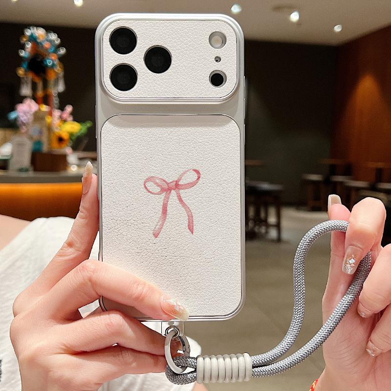 Pink Bowknots Print Leather Lanyard Case For iPhone 18 Pro Max Hybrid TPU+PU Anti-skid Soft Cover For iPhone 17 16 15 14 13 Pro Max