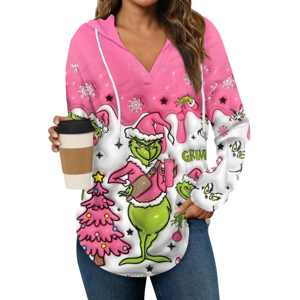 Women's Fashion Hoodies V Neck Long Sleeve Christmas Printed Drawstring Casual Loose Pullover Tops