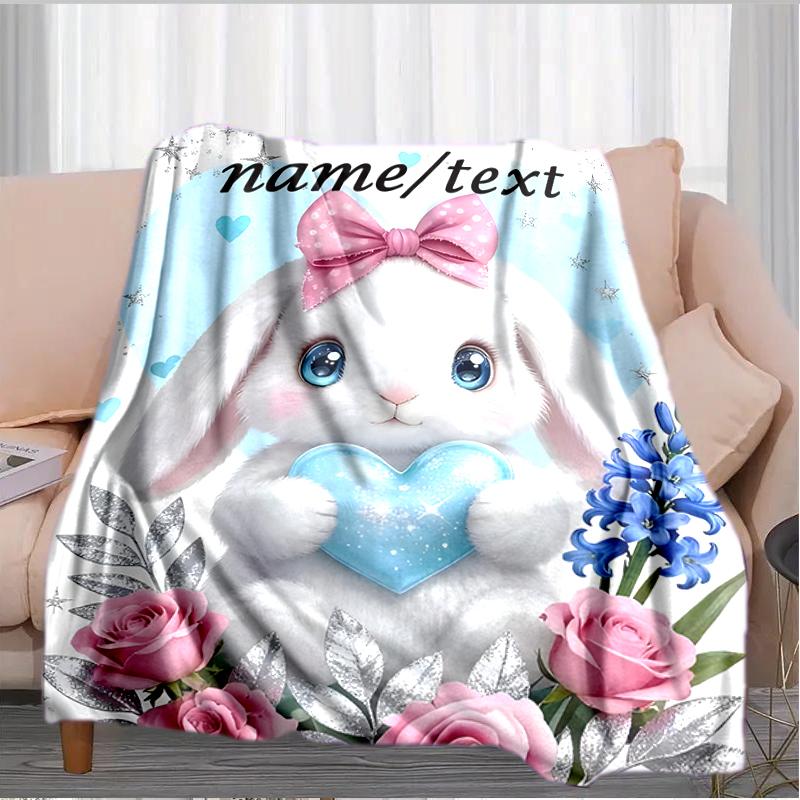 1PC Custom Name Cute Bunny Heart Outdooor Flannel Blankets Throw Blanket All-Season Throw Gift Bedspread for Couch, Bed, Camping Holiday Birthday Gift