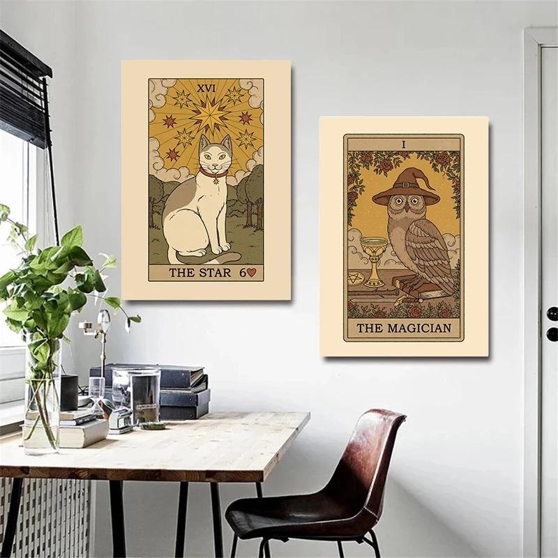 Vintage Mond Kaiserin Sonne Liebe Tod Katze Tarotkarte Poster Leinwandgemälde Wandkunst Bilder Heim Eingang Bar Café Dekor