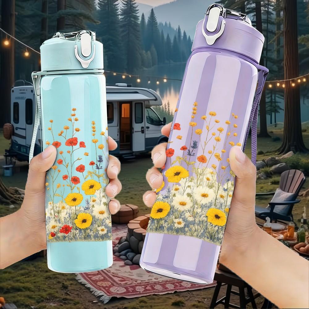 1 Pezzo Bouquet di Margherite e Fiori di Campo Acquerello 750ml Plastica Colorata Borraccia Sportiva Tappo a Vite Anti-perdita con Cannuccia Pieghevole Adatta per Sport, Ufficio, Uso Domestico