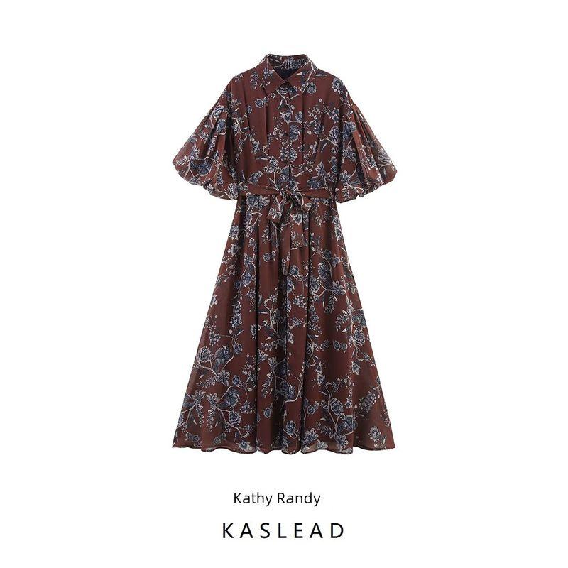Kaslead New Women Clothes Western Style Fashion Shirt Single-Breasted Chiffon Printing Puff Sleeve Dress
