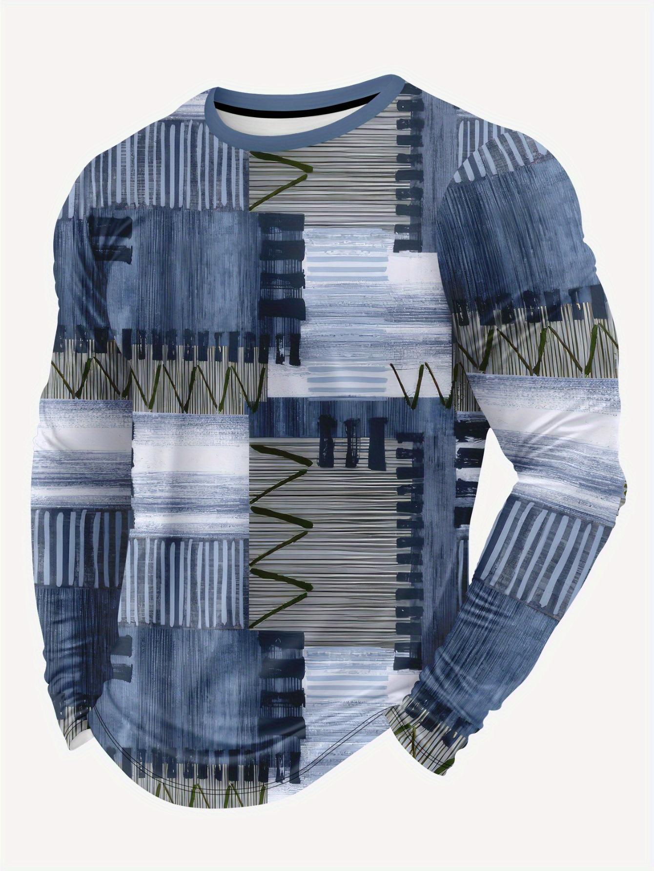 Men s 3D Geometric Over Print Long Sleeve T-Shirt, Breathable Machine Washable S