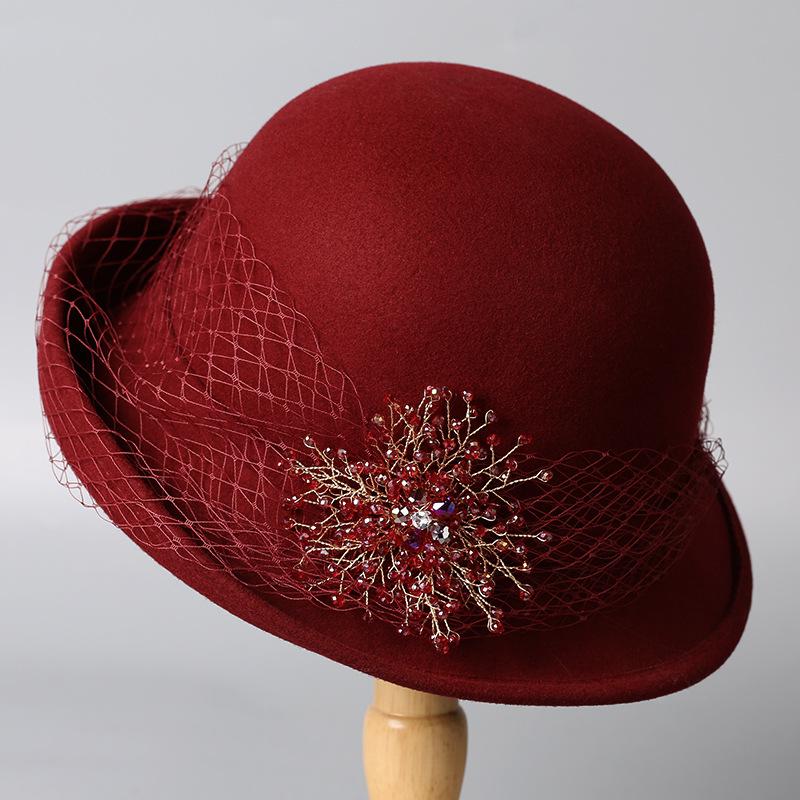 Autumn and Winter Wool Bucket Hat Women's Autumn and Winter Pearl Pot Hat Elegant Bow Temperament Versatile Felt Hat