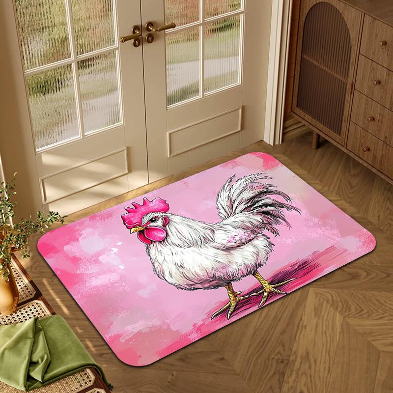 1pc Pink Graffiti Background White Rooster Pattern Non-Slip Floor Mat, Multi-Size Available, Fleece Material, Thick Plush - Sponge Thickness 1.02 cm,