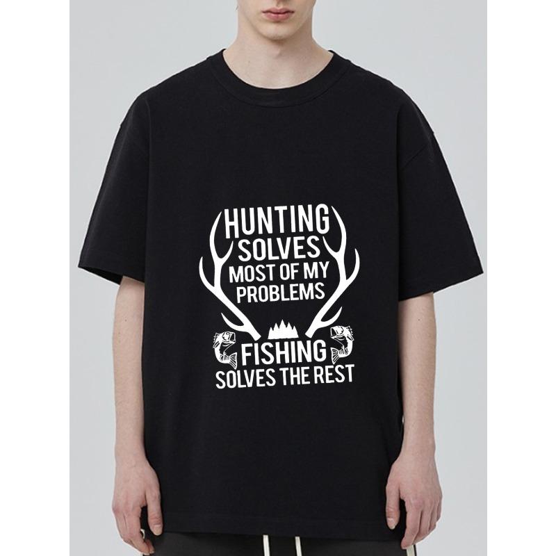 

Hunting and Fishing T Shirt Black Antler and Fish Graphic with Text Hunting Solves Most of My Problems Fishing Solves The Rest Outdoor Leisure Wear XXXXL чорний