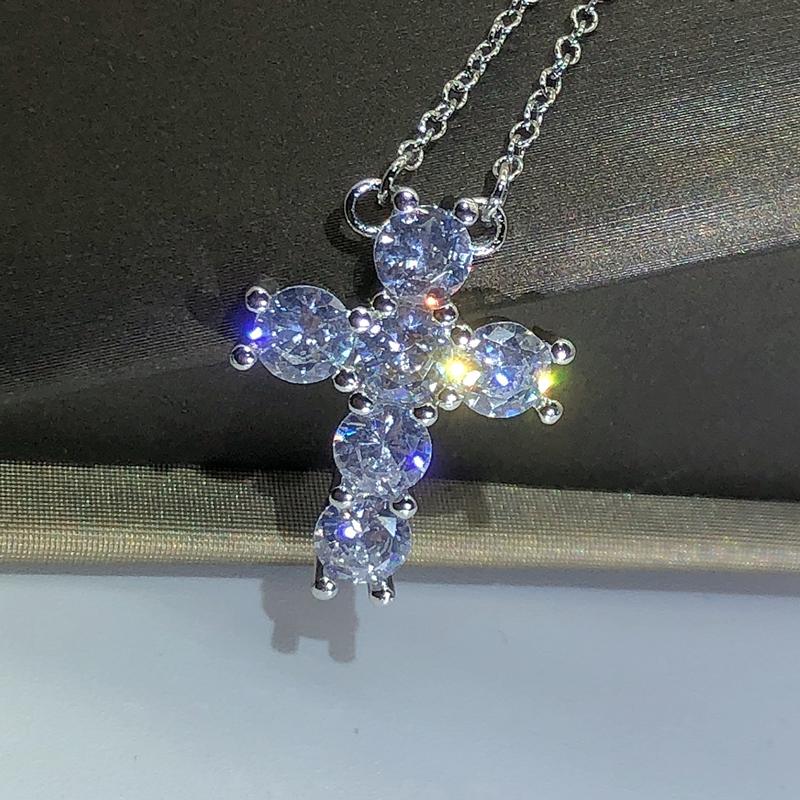 Exquisite 925 Silver Necklace Jewelry Women Wedding Fashion Cross CZ Crystal Zircon Stone Pendant Necklace Christmas Gift