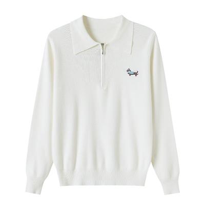 Spring and Autumn New Knitted Top Loose Lapel Bottom Shirt Thin Retro Embroidered Polo Neck Long Sleeve