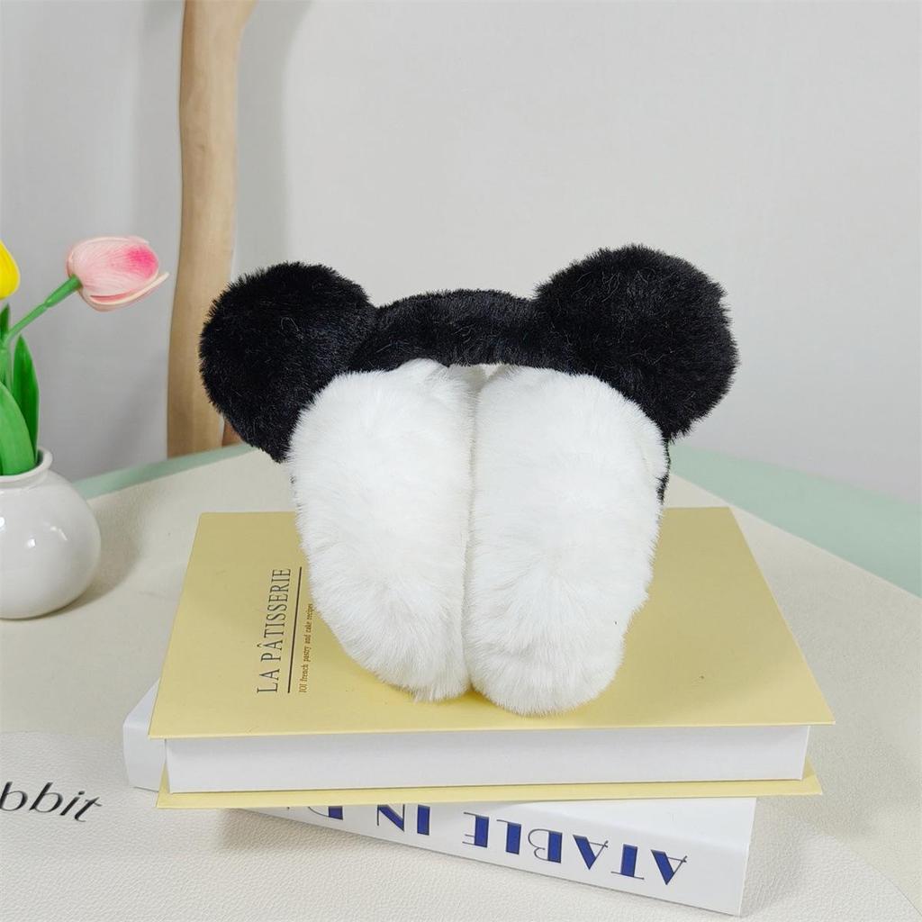 Black & White Cute Bear Earmuffs: Foldable, Plush, Anti-freeze Ear Warmers for Men & Women