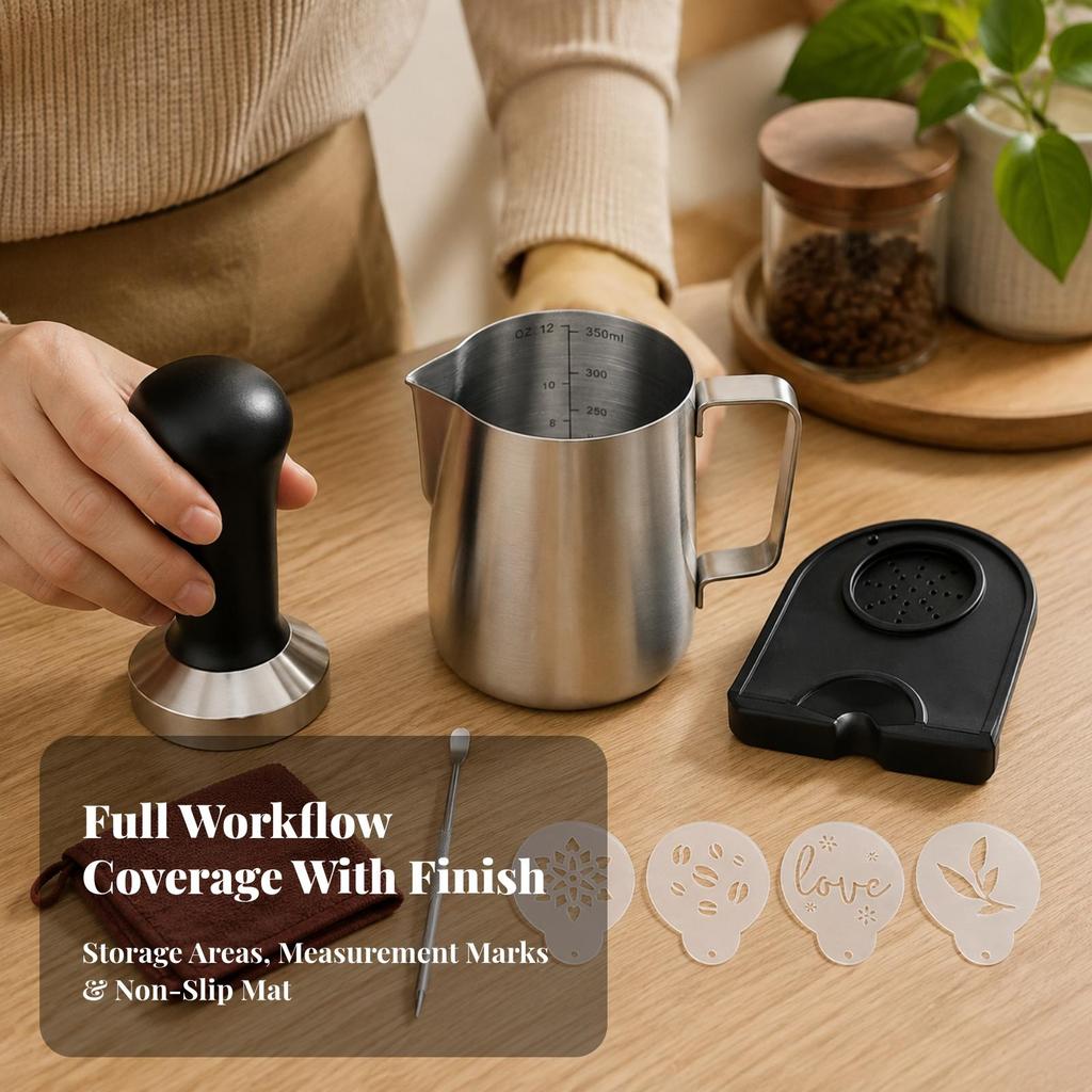 9 Pieces Espresso Accessories Kit Rust-Proof Milk Foaming Pitcher with Stencils