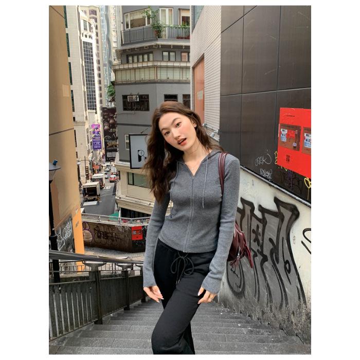 Women s Retro American Slimming Zipper Cardigan - Korean Style Fashionable Top Extra Large серый