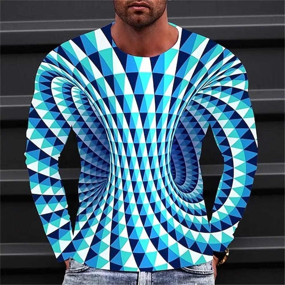 Fashionable Men's Printed T-shirt Optical Illusion Round Neck Long Sleeved Street Harajuku Exaggerated Designer Round Neck Top