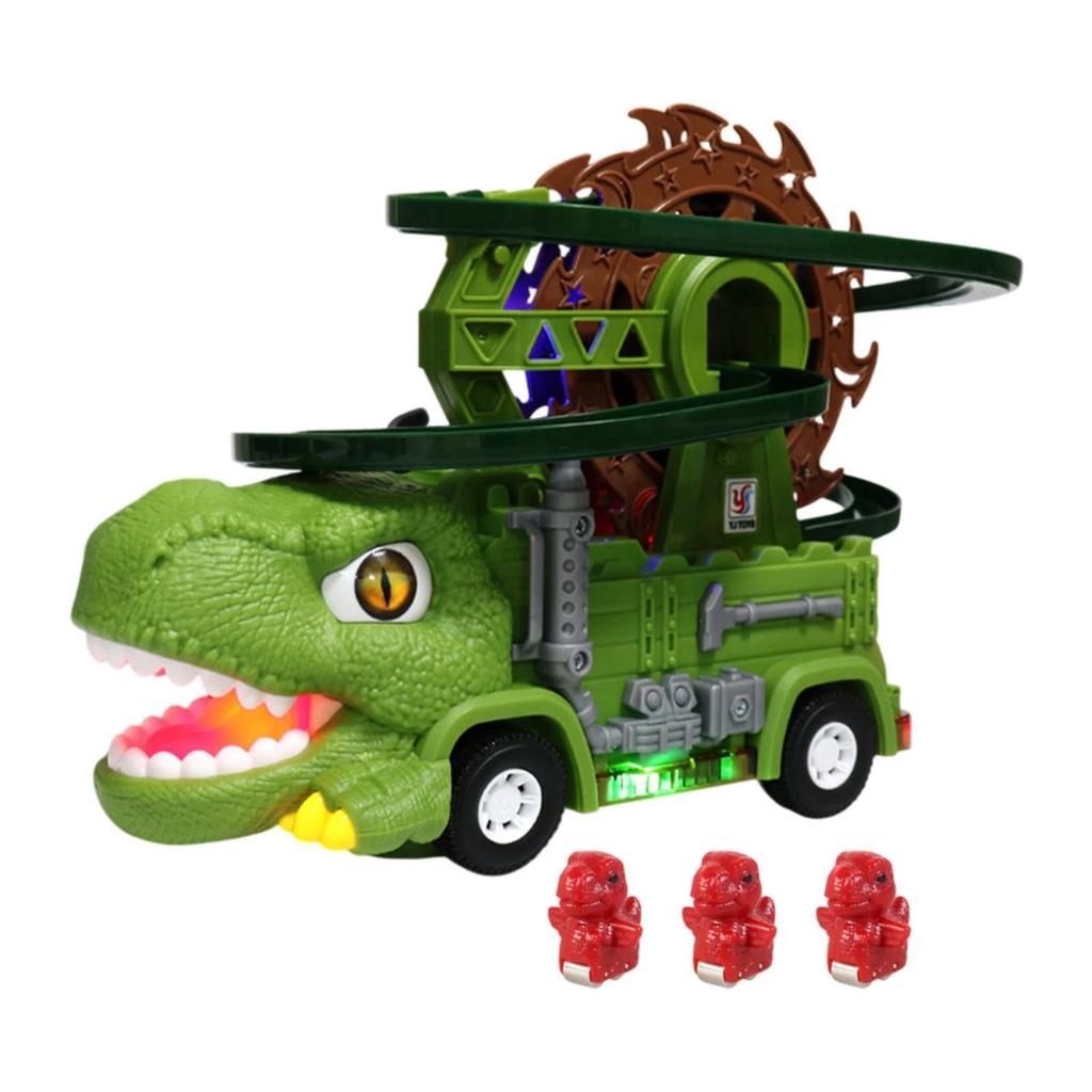Cool 2-in-1 Dinosaur Electric Slide Track Car Toy - Music & Lights Dino Truck, Auto Obstacle Avoidance Children Gift for Holiday