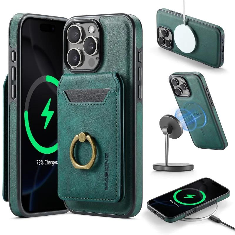 Magnetic Wireless Charging Flip Leather Phone Case For iPhone 17 Pro Max 16E 16 Plus 15 14 13 12 MagSafe Wallet Card Cover Coque