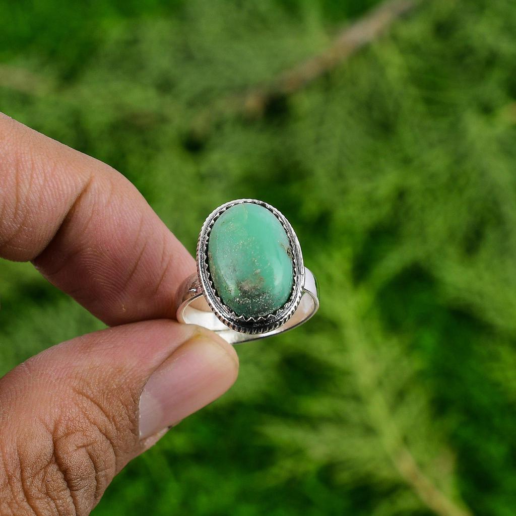 925 Sterling Silver Chrysoprase Gemstone Statement Promise Bezel Handmade Ring