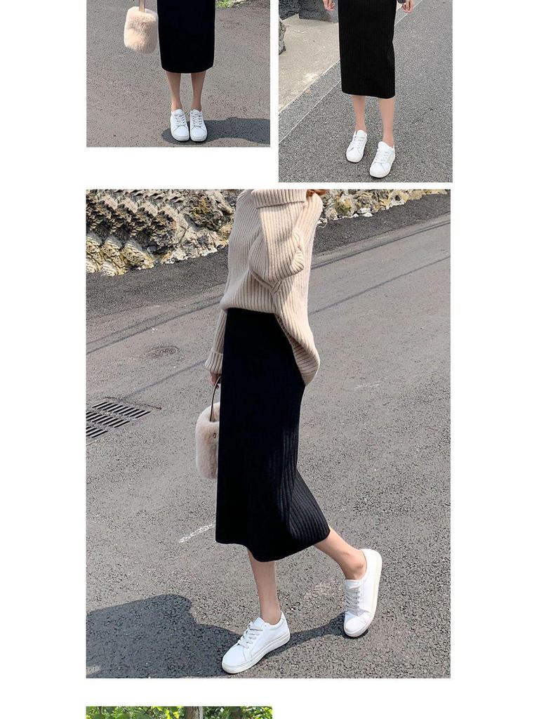 2024 Dámská zeštíhlující vlněná sukně střední délky s rozparkem