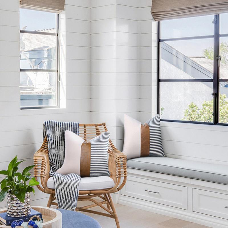 Pu+linen Linen Stitching Pillowcase Sofa Waist Cushion Pillow Cover Stripe Simple Cushion Case