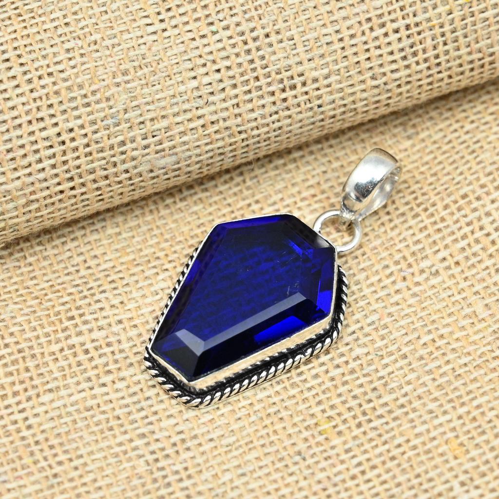 Blue Sapphire Lab-Created Gemstone Solid 925 Sterling Silver Handmade Jewelry Pendant