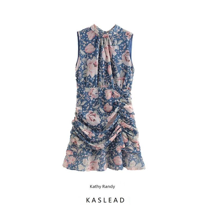 Kaslead New Arrival Women's Clothing Fashion Style Fashion Casual Floral Pleating Sleeveless Dress