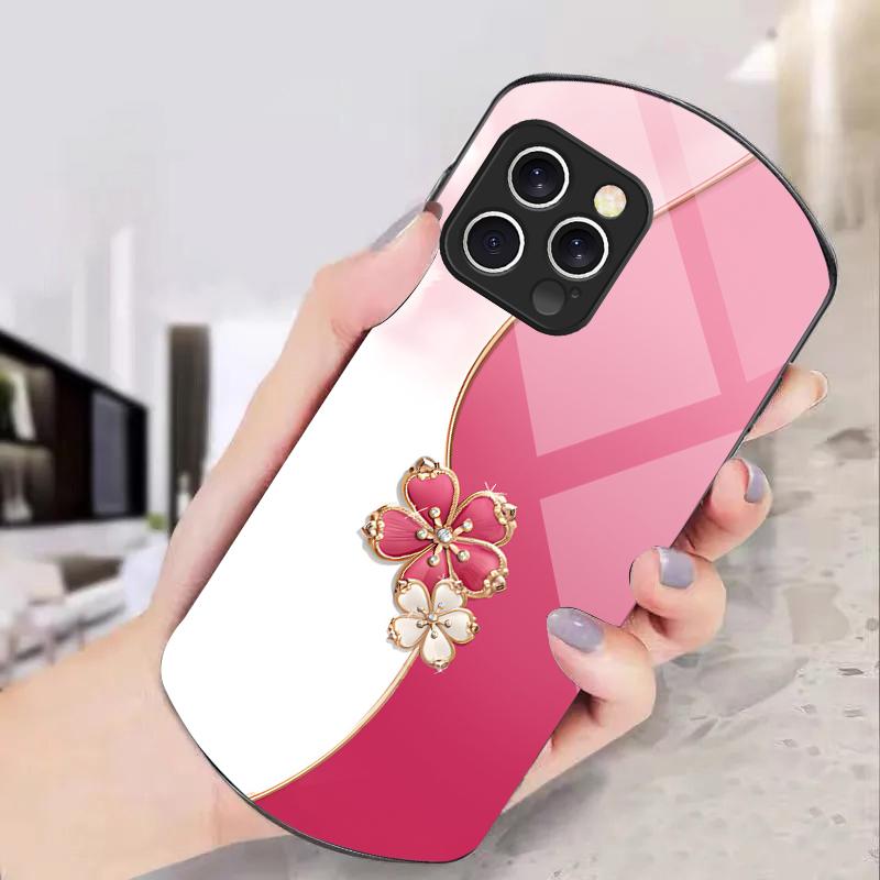 Lucky Four-leaf Clover For iPhone 16 15 14 13 Plus 12 Mini 11 Pro Max XR Xs X 7 8 6 6S Elliptical Tempered Glass Phone Case