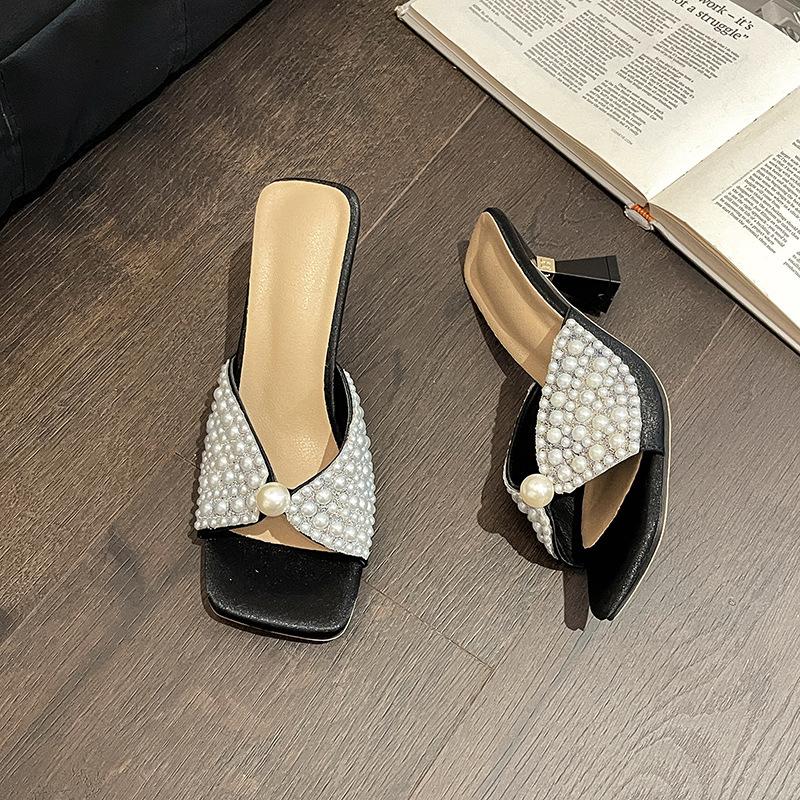 Gentle Pearl Flat Bottom Soft Bottom Lazy Cool Slippers Women's Summer New Versatile Half Drag