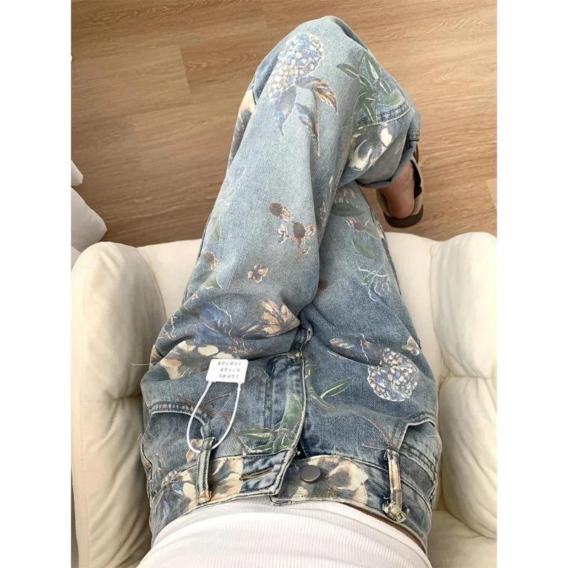 Jeans a Gamba Larga Stampati Floreali Retro Americani Larghi Vita Alta Slim Dritti Pantaloni a Strascico
