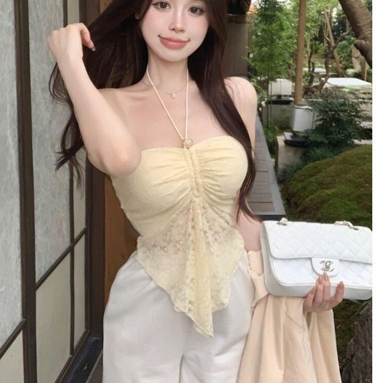 Pure desire sexy babes irregular lace tube top sling vest short slim-fit backless knitted neck top